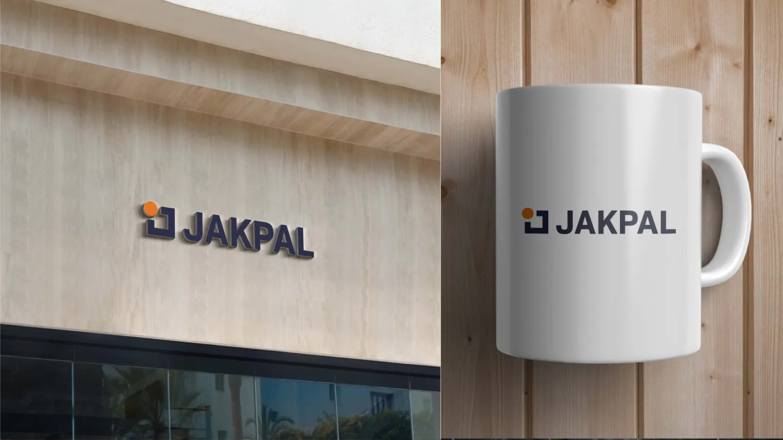 Kubek firmowy z logo JAKPAL obok szyldu na budynku