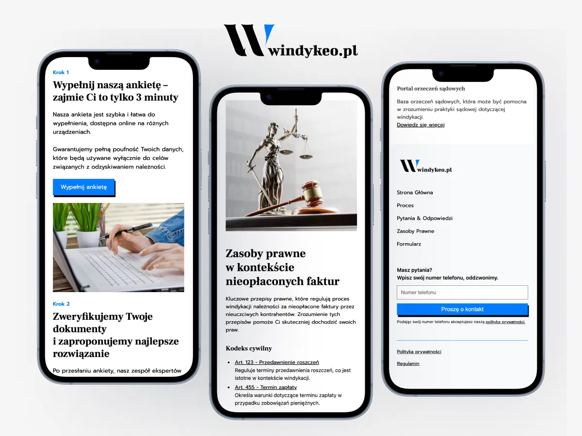 Windykeo — logo i landing page firmy windykacyjnej